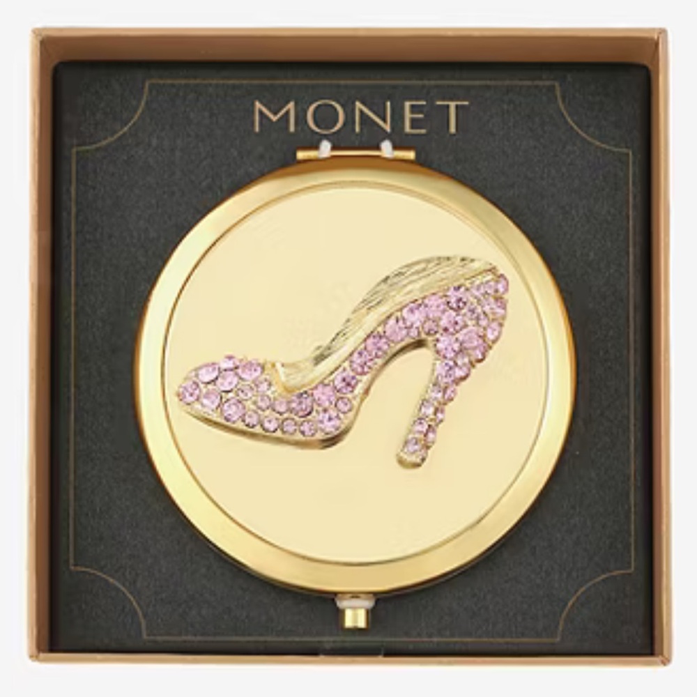 Monet Gold Compact with Pink Rhinestone Shoe NWT